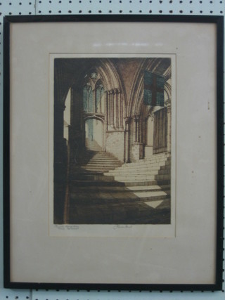 A coloured etching "Interior of Wells Cathedral" signed in the margin 11" x 8" 
