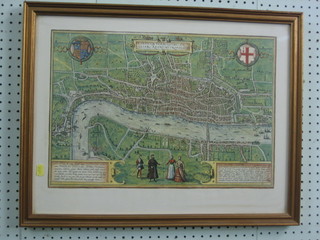 A reproduction 17th Century coloured map of London 13" x 18"