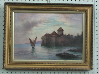 R M B Warren, watercolour drawing "Continental Scene - Castle by Shore Line with boat" 8" x 12"