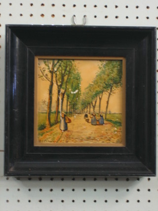 Zeeland, painting on a Delft tile "Figures Walking Down a Tree Lined Avenue" 6" x 6"