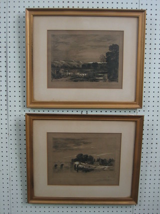A pair of monochrome etchings "Rural Scenes" indistinctly signed in the margin 7" x 10"