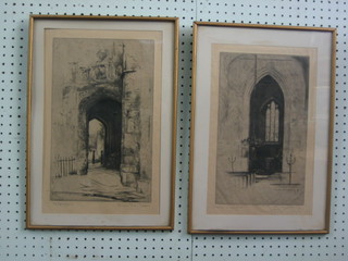 Topham, a pair of etchings "The Font Henbury Bristol" and  "Porchway" 13" x 9"