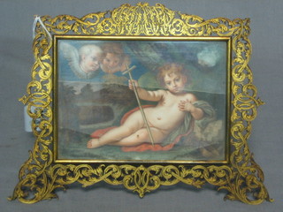 An 18th/19th Century Italian watercolour on ivory panel of a seated cherub 4" x 6 1/2" (some cracking) contained in a pierced French gilt metal frame