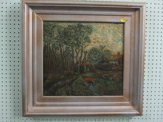 A 1940's Continental impressionist oil painting on canvas "Rural Scene with Yellow Brick Cottages" the reverse marked ATM 1940 and J Matth'jssens (holed and repaired) 13" x 14"