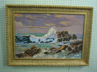 H V Andrew, oil on board "Seascape with Rocks and Heavy Sea" 19" x 29"