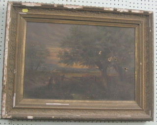 A 19th Century oil on canvas "Rural Scene with Figures" 13" x 19" (holes)