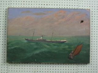 A 19th Century oil canvas "Steam Ship with Sailing Ship in the Foreground" 16" x 24" (holed)