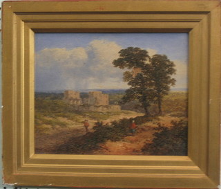 Niemann?, 19th Century oil on canvas "Continental Scene with Castle and Figures" 8" x 10" (some paint loss)