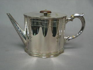 A Victorian oval silver plated teapot with engraved decoration and repair to spout