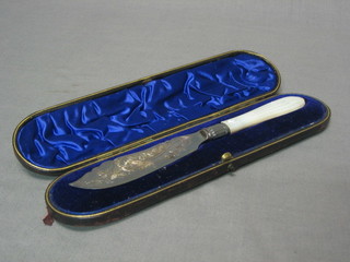 An Edwardian silver butter knife with engraved blade and carved mother of pearl handle, London 1904, cased