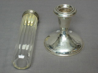 A Sterling silver stub shaped candlestick, 3" and a cut glass pin jar with silver lid