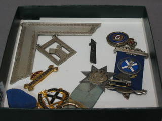 A "silver" Masonic Past Master's collar jewel, a gilt metal founder's jewel for Royal Arch Chapter no. 153, a silver jewel, a silver and enamelled Buffaloes jewel, a silver and enamel Scots Caledonian Assoc. jewel and 2 bars