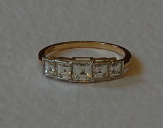 A lady's 18ct yellow gold Art Deco style engagement/dress ring, set 5 square cut diamonds, approx 1.65ct
