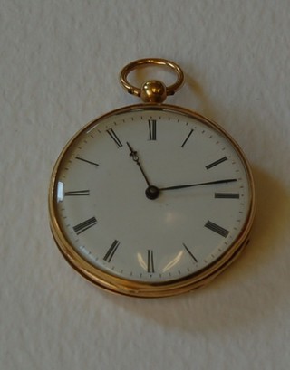 An open faced pocket watch with enamelled dial and Roman numerals contained in a gold case