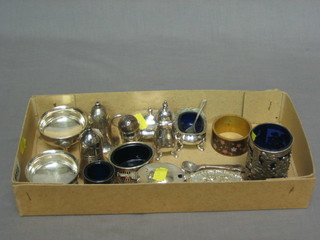 A pair of silver salts, a 3 piece Hotelware condiment set with mustard, salt and pepper, a Georgian style silver ditto and 1 other and small collection of plated items