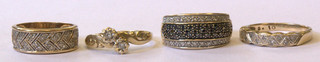 4 various 9ct gold dress rings set diamonds