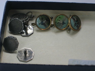 3 gilt metal and enamel dress studs decorated footballers, 4 silver dress studs and a pair of silver coin earrings