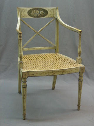 A 19th Century Adam style white painted bar back dining chair with X framed back and woven cane seat, raised on turned supports