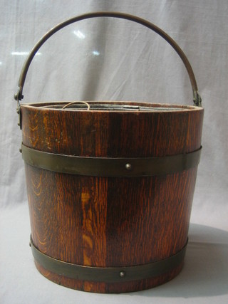 A coopered oak coal box/planter with copper swing handle 12"