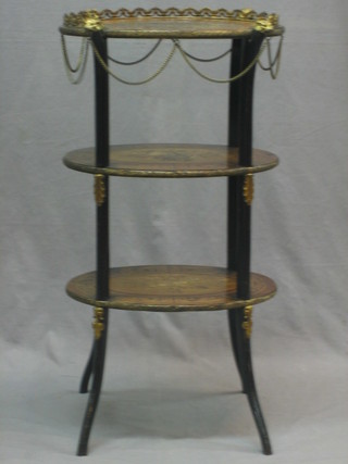 A 19th Century inlaid mahogany 3 tier oval etagere with gilt gallery and gilt metal mounts 17"