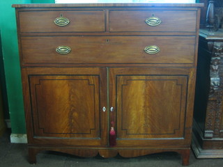 A Georgian mahogany tall boy fitted 2 short drawers above 1 long drawer, the base fitted a double cupboard enclosed by panelled doors, raised on bracket feet, 49"