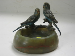 An Art Deco onyx ashtray decorated 2 Austrian cold painted bronze figures of seated birds