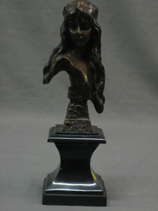 A reproduction Art Nouveau bronze head and shoulders portrait bust of a lady 7"