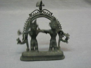 An Eastern bronze figure group of 2 standing Deitys 6"