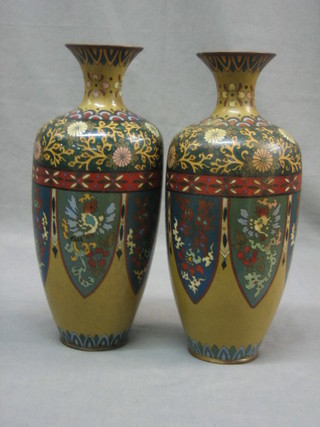 A pair of 19th Century cloisonne enamelled club shaped vases 12"