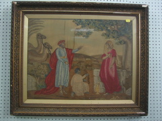 An 18th/19th Century stump work picture of Ruth at the Well? 17" x 22" (some damage to centre)