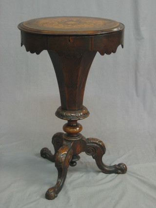 A 19th Century inlaid mahogany conical work table, raised on tripod feet 18"