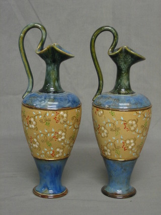 A pair of Royal Doulton blue salt glazed ewers, the base with impressed Royal Doulton mark 83 86, 10"