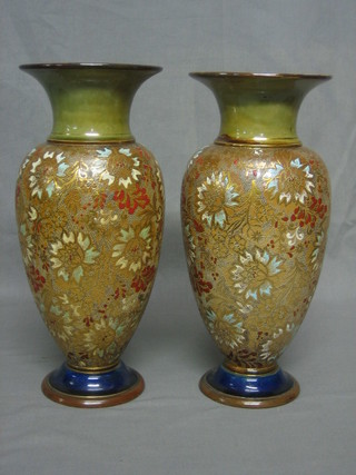 A pair of Doulton Lambeth club shaped salt glazed vases, the bases marked Doulton Lambeth 88 88, 14"