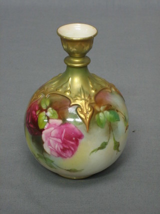A Royal Worcester globular shaped vase with floral decoration, the base with green Worcester mark, F126 and 20 dots 5"