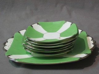 A 7 piece Shelley Art Deco tea service comprising square twin handled bread plate 9 1/2", and 6 saucers, base marked Y2249/4E RD 723404 