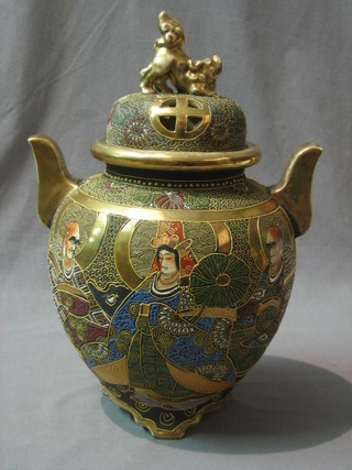A late Japanese Satsuma pottery twin handled Koro decorated court figures 13"