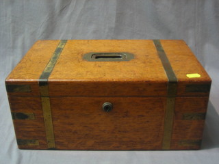 A Victorian honey oak and brass banded "cartridge" box with zinc lining and  hinged lid 15"