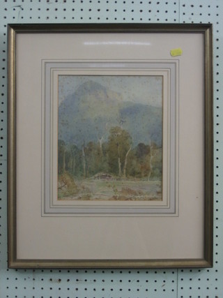 Herbert Jarvis, watercolour drawing "Building by a Mountain with Trees in Distance" signed and dated 1920, the reverse with Rowley Gallery label, 10" x 9" (some foxing)