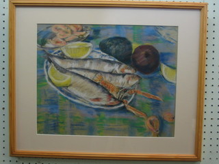 Evans, pastel drawing, still life study "Plate of Three Fishes and a Lobster" 12" x 15"