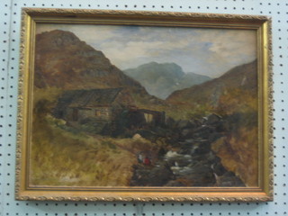 Oil on board "Mountain Scene with Figures at a Water Wheel" 12" x 17"