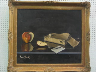 Rimo Pianctti?, oil on canvas, still life study "Table Top with Segmented Apple, Book and Candle" 19" x 23"