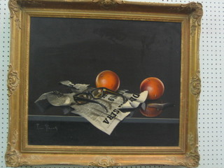 Rimo Pianctti?, oil on canvas, still life study "Table Top with Newspaper, Pair of Glasses and Two Oranges " 19" x 23"