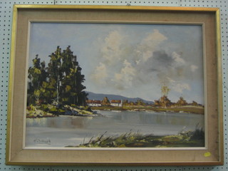 McCullough, Irish School oil on board "Lake Scene with Cottages and Mountain in Distance" 19" x 27" 
