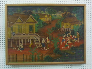 Eastern School, oil painting "Village with Figures" 21" x 29"
