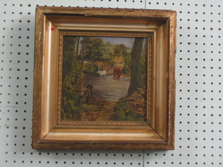 An oil painting on board "River Scene with Bridge and Cows Drinking" contained in a gilt frame