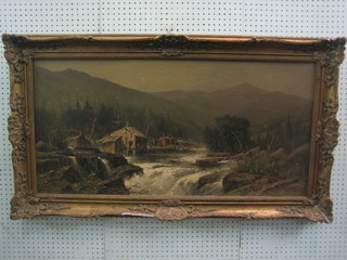 W H Weisman,  American School, oil on canvas "Mountain with River" 19" x 39" signed