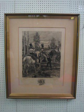 19th Century monochrome print "French Husaars" signed 2 signatures in the margin, 17" x 14"