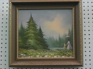 W Lovell, oil on canvas "Two Ladies Standing by a Tree" 8" x 9"