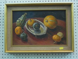 Glllaia, oil on board, still life study "Table with Silver Dish and Fruit" 8" x 13"