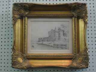 A 19th Century pencil drawing "Castle with Yacht and Figures" 6" x 8"